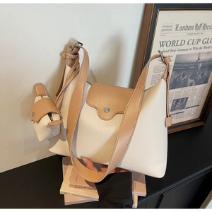 Detail of minimalist two-tone crossbody bag with adjustable strap and mini coin pouch