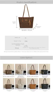 Detailed size chart and multi-color matrix for large capacity vintage PU leather tote bags
