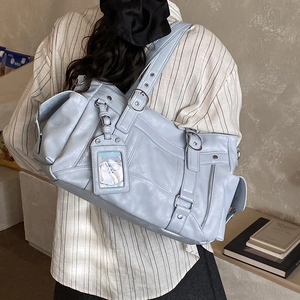 Grande borsa tote alla moda in pelle PU blu grigio con fibbie in metallo argento