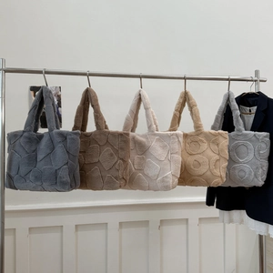 Plush faux fur tote bags in five colors with geometric textures for autumn winter commute