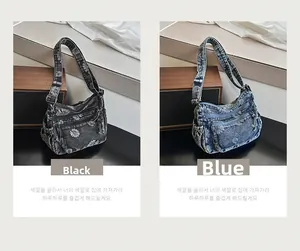 Detail of vintage denim crossbody bags with white daisy patterns in black and blue colors
