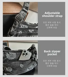 Detail of adjustable strap and back zipper pocket on a retro denim daisy crossbody bag