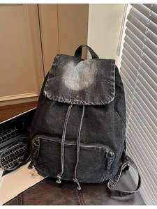 Retro washed denim backpack in dark grey with large capacity and drawstring closure