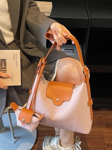 Pink canvas and orange leather shoulder bag with matching mini purse pendant