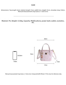 Tabella taglie con dimensioni 22x17x15cm e tracolla per borsa a secchiello rosa