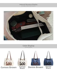 Spacious interior of canvas tote bag holding a tablet, umbrella, and cosmetics