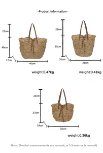 Detailed size chart showing three different dimensions for this woven straw beach tote bag