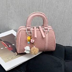 Women Fashion Woven Texture Boston Bag Mini PU Leather Shoulder Crossbody Bag With Cute Charms Casual Travel Handbag