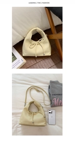 Close-up of cream faux leather handbag with bow drawstring detail and size comparison
