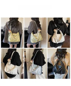 Model showcasing four colors of minimalist versatile backpacks with cute bear charms