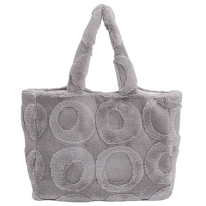 Grey plush tote bag with embossed circular pattern for autumn winter commute style