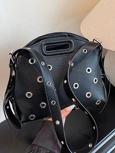 Borsa a Tracolla da Donna in Pelle PU Vintage Con Occhielli in Metallo Nappe Motivo Litchi Stile Punk Borsa a Spalla