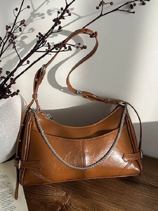 Bolso de Hombro de Axila de Cuero PU Retro Plateado Metálico Rojo Marrón Bolso de Moda para Mujer Con Decoración de Cadena de Metal