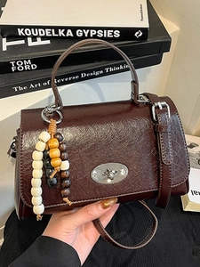 Vintage Women PU Leather Crossbody Bag With Metallic Lock And Wood Bead Pendant Retro Pleated Handbag Small Square Bag