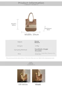 Detailed view of woven straw tote bag featuring contrast colors, tassel, and dimensions