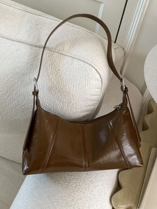 Women Retro Glossy PU Leather Underarm Bag Minimalist Stitched Solid Color Crossbody Shoulder Bag Casual Hobo Bag