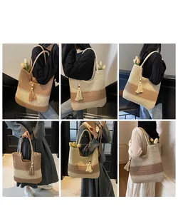 Detailed views of a large straw tote bag with color-blocking design and wooden bead tassel