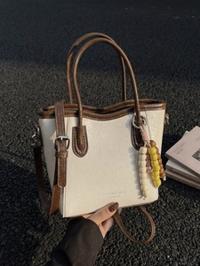 Women PU Leather Bucket Bag Minimalist Shoulder Crossbody Handbag With Colorful Beaded Pendant Fashion Casual Tote Purse
