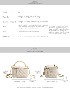 Detailed size chart for chain shoulder bags showing large and small bag dimensions in PU