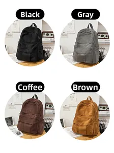 Detail view of four vintage corduroy backpacks in black, grey, coffee and brown colors