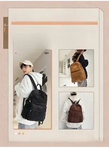 Three models wearing vintage corduroy backpacks in black, mustard yellow, and coffee brown