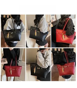 Detail shots of large tote bag in black and red showing capacity and beaded charm