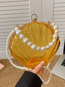 Women Elegant Acrylic Shell Shaped Evening Clutch Bag With Faux Artificial Pearl Handle Chain Strap Fashion Crossbody Shoulder Bag For Party Wedding