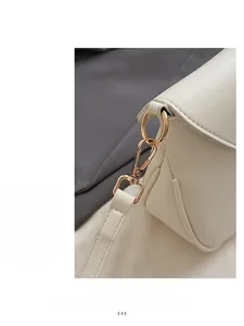 Gros plan sur les ferrures dorées et les coutures de précision du sac blanc en cuir