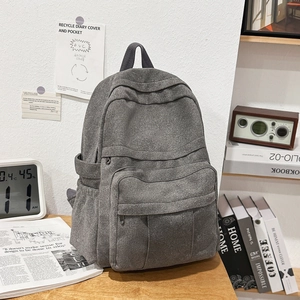 Detailed view of dark grey canvas backpack with multiple pockets on a wooden desk
