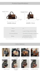 Tabla de tallas para bolsos retro bicolor de cuero PU mostrando dimensiones pequeñas y grandes