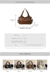 Detailed size specifications for a large capacity PU leather handbag with strap measurements