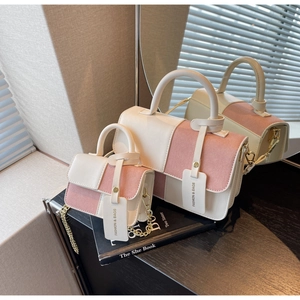 French vintage patchwork shoulder bag set with gold chain and dual-tone beige design