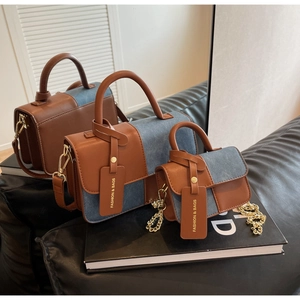 Dual-size contrast leather and denim patchwork square bags with gold chain straps