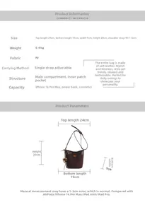Detailed size chart for brown PU bucket bag showing dimensions and internal structure