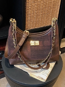 Women's Vintage PU Leather Fabric Patchwork Shoulder Bag With Metal Chain Gold Turn Lock Fashion Crossbody Handbag