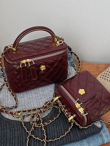 Elegant Quilted Vanity Box Bag For Women PU Leather Rhombus Pattern Crossbody Handbag With Metal Chain Camellia Flower Decor
