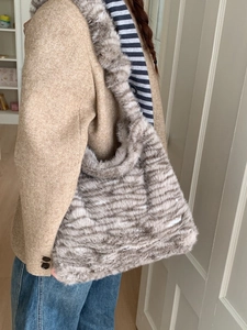 Plush faux fur tote bag with grey and white stripes, large capacity shoulder bag for women