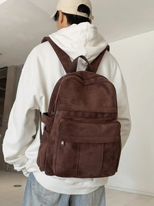 Vintage dark brown suede backpack for women with large capacity and multi-pockets