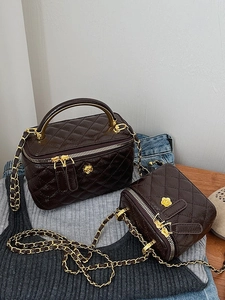 Quilted dark coffee leather chain shoulder bags with vintage golden camellia hardware