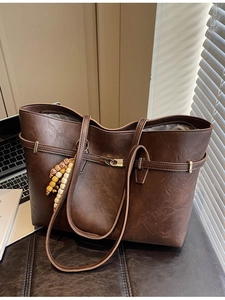 Retro dark brown large tote bag in faux leather with tribal bead charm for women