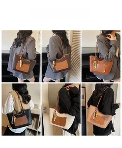 Collage che mostra sei colori della grande borsa tote in pelle portata a spalla da una modella