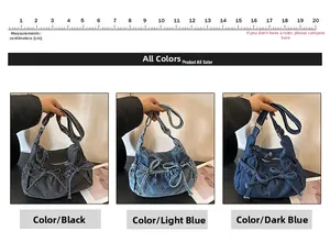 Detail of denim bow shoulder bags in black and blue showing pleats and adjustable straps