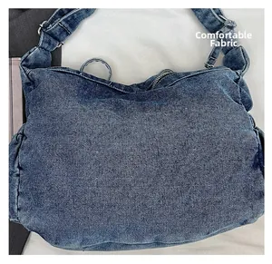 Top view of blue denim shoulder bag with metal zipper and comfortable fabric texture