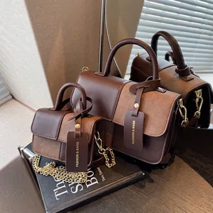 Women Contrast Color Stitching Crossbody Bag Fashion PU Leather Small Square Shoulder Bag With Top Handle And Chain Strap Stylish Daily Bag