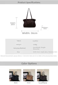 Detailed size guide and material specs for the vintage large capacity tote shoulder bag