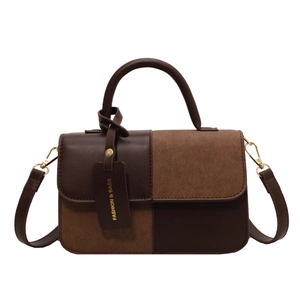Minimalist color-block square crossbody bag in brown patchwork leather with handle