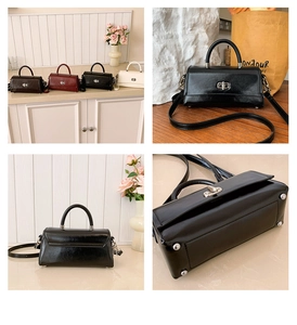 Detailed views of vintage faux leather handbags in four colors with metal buckle closure