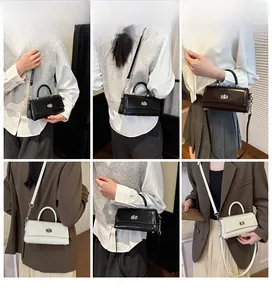 Multiple views of a vintage shiny leather handbag shown in black, white, and dark brown