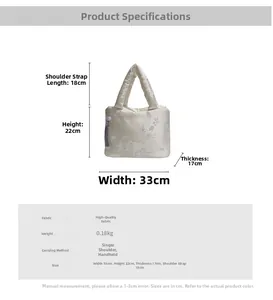 Spécifications détaillées du sac fourre-tout à broderie florale et pompon gris