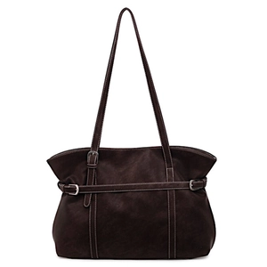 Retro brown oversized tote bag with long shoulder straps and white contrast stitching detail